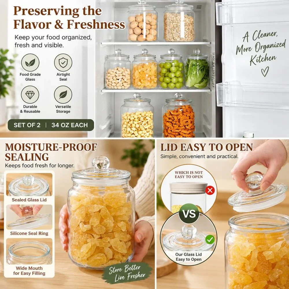 Glass Food Storage Jars Set of 2 34 oz Airtight Lids Pantry Pickle Canning Jars